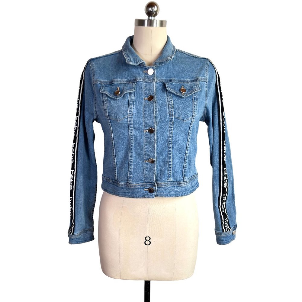 vintage y2k bebe logo sleeve cropped denim jacket S/M blue jean crop 2000s vtg